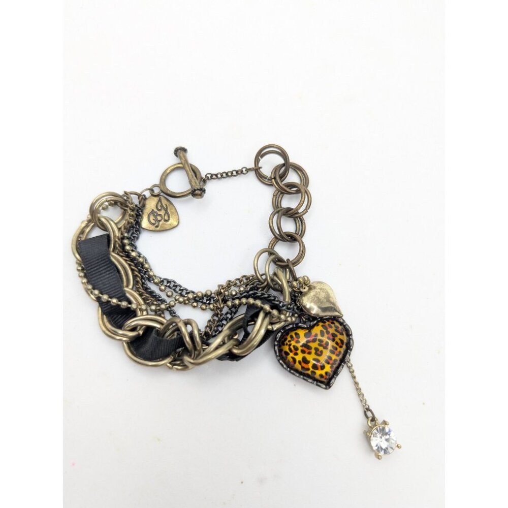 Betsey Johnson link chain Bracelet ribbon faux Crystal Wing Leopard heart